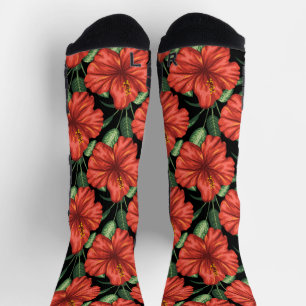 Seamless pattern Tropical red flowers green leaves Socks