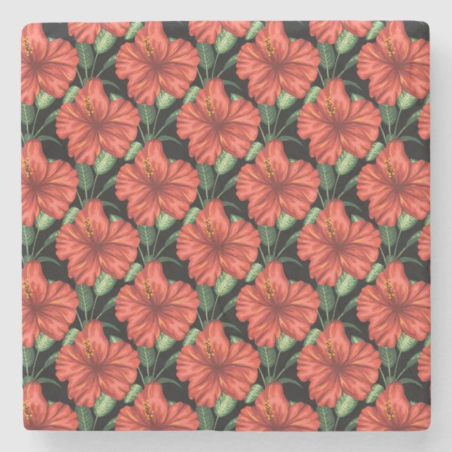 Seamless pattern Tropical red flowers green leaves Stone Coaster (Front)