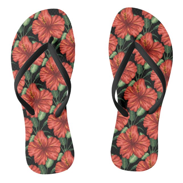 Seamless pattern Tropical red flowers green leaves Thongs (Footbed)