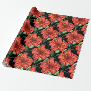Seamless pattern Tropical red flowers green leaves Wrapping Paper