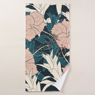Seamless pattern tropical with pink hibiscus flowe bath towel