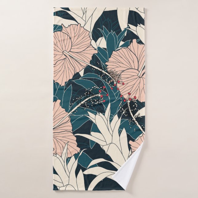 Seamless pattern tropical with pink hibiscus flowe bath towel (Bath Towel)
