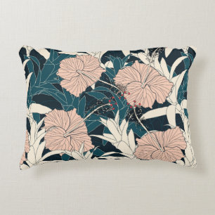 Seamless pattern tropical with pink hibiscus flowe decorative cushion