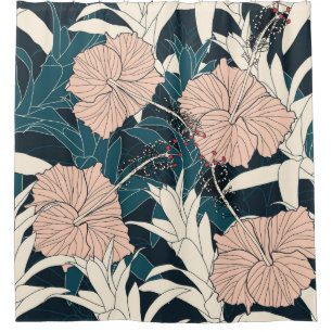 Seamless pattern tropical with pink hibiscus flowe shower curtain