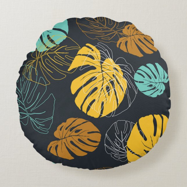 seamless pattern wallpaper of tropical leaf  round cushion (Front)
