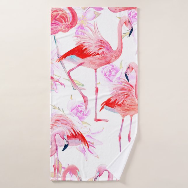 Seamless pattern watercolor roses with pink flamin bath towel (Bath Towel)
