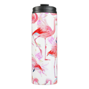 Seamless pattern watercolor roses with pink flamin thermal tumbler