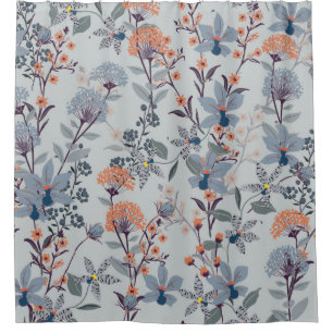Seamless Pattern wild flowers, Isolated on blue co Shower Curtain