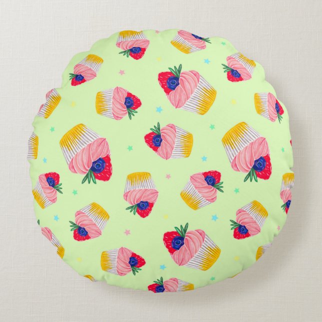 Seamless pattern with a cupcake with strawberries  round cushion (Front)