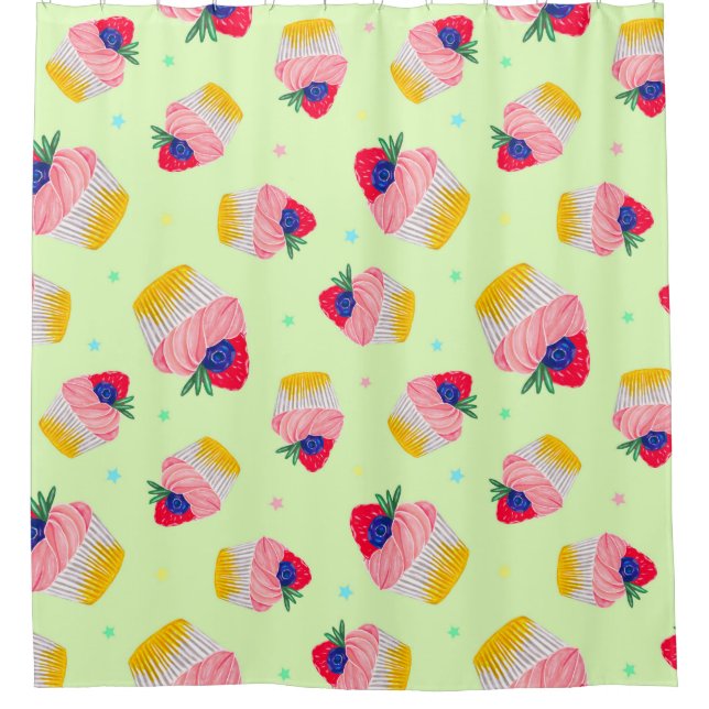 Seamless pattern with a cupcake with strawberries  shower curtain (Front)
