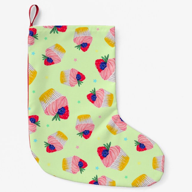 Seamless pattern with a cupcake with strawberries  small christmas stocking (Front)
