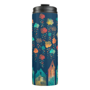 Seamless pattern with a town under the rainy cloud thermal tumbler