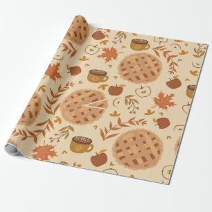 Seamless pattern with apple pie, apples and mugs. wrapping paper