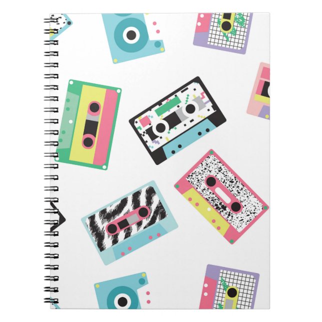 Seamless pattern with audio tapes in retro 80s sty notebook (Front)