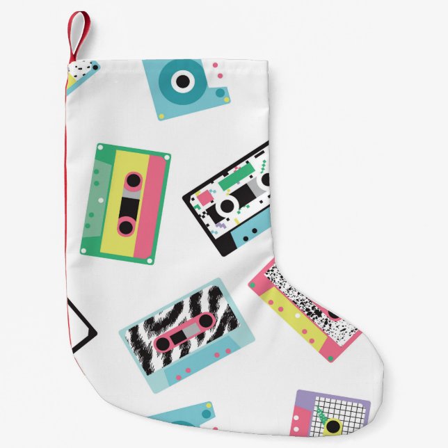 Seamless pattern with audio tapes in retro 80s sty small christmas stocking (Front)