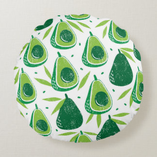 Seamless pattern with avocados. Stamp textured. vi Round Cushion