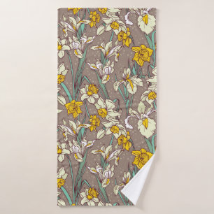 Seamless pattern with beautiful irises and narciss bath towel