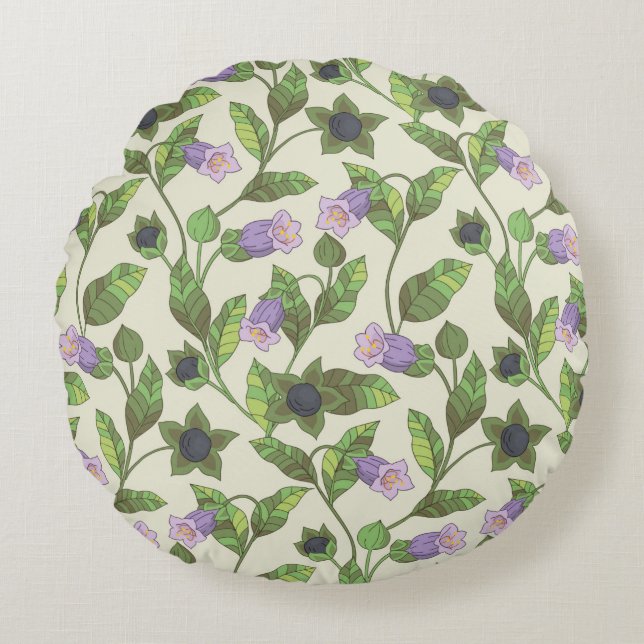 Seamless pattern with belladonna flowers. A bush w Round Cushion (Front)