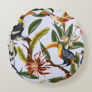 Seamless pattern with birds and tropical leaves an round cushion