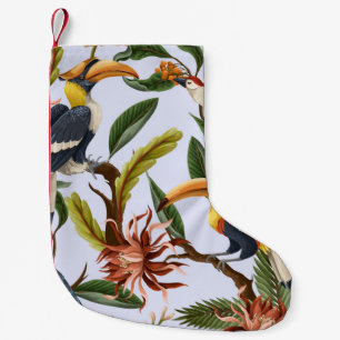 Seamless pattern with birds and tropical leaves an small christmas stocking