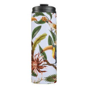 Seamless pattern with birds and tropical leaves an thermal tumbler