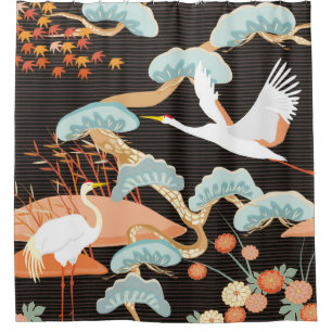 Seamless pattern with birds. Crane. Heron. Japanes Shower Curtain