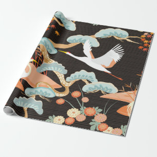 Seamless pattern with birds. Crane. Heron. Japanes Wrapping Paper