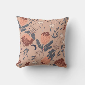 Seamless pattern with birds, protea flowers and ha cushion