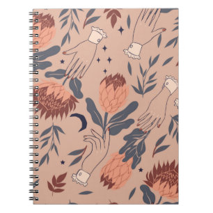 Seamless pattern with birds, protea flowers and ha notebook
