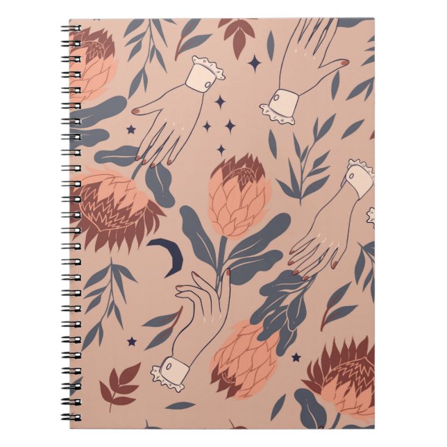 Seamless pattern with birds, protea flowers and ha notebook (Front)
