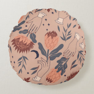 Seamless pattern with birds, protea flowers and ha round cushion