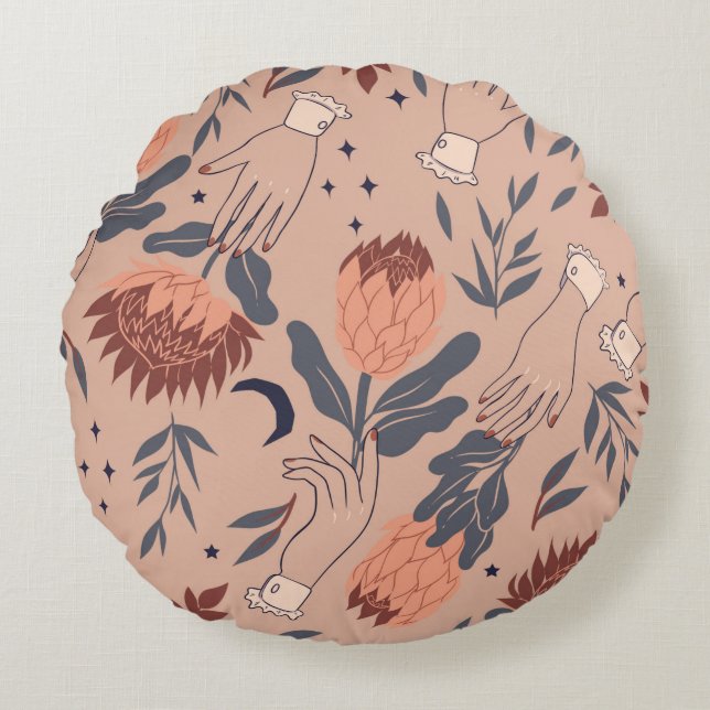 Seamless pattern with birds, protea flowers and ha round cushion (Front)