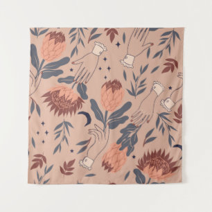 Seamless pattern with birds, protea flowers and ha tapestry