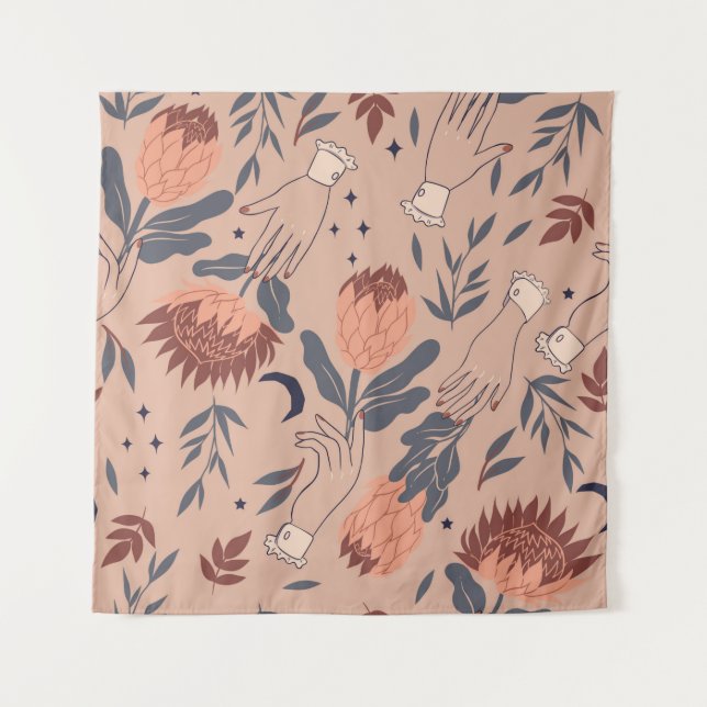 Seamless pattern with birds, protea flowers and ha tapestry (Front)