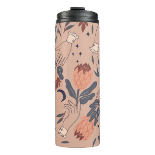 Seamless pattern with birds, protea flowers and ha thermal tumbler