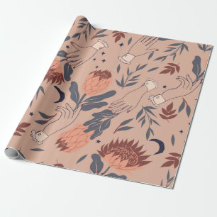 Seamless pattern with birds, protea flowers and ha wrapping paper
