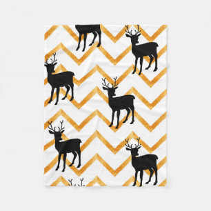Seamless pattern with black deer and gold texture fleece blanket