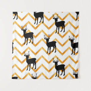 Seamless pattern with black deer and gold texture tapestry