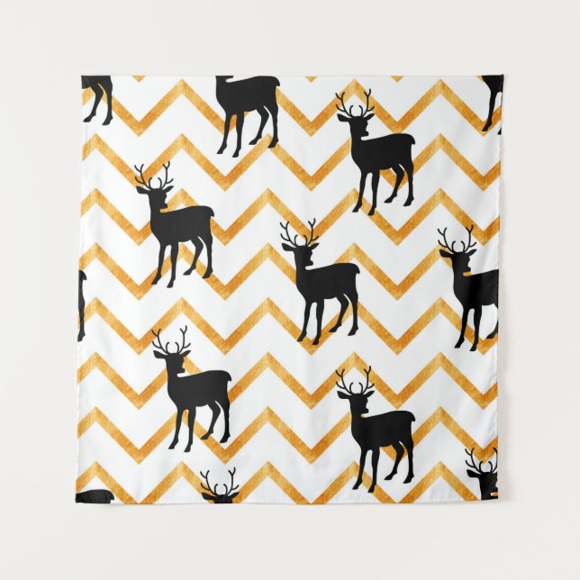 Seamless pattern with black deer and gold texture tapestry (Front)