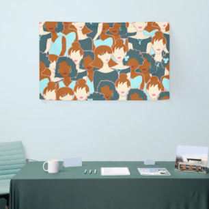 Seamless pattern with black girls and white girls banner