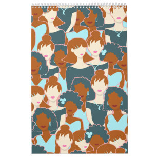 Seamless pattern with black girls and white girls calendar