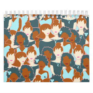 Seamless pattern with black girls and white girls calendar