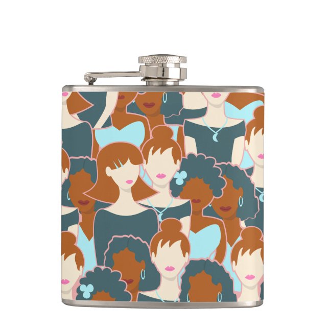 Seamless pattern with black girls and white girls hip flask (Front)