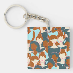 Seamless pattern with black girls and white girls key ring