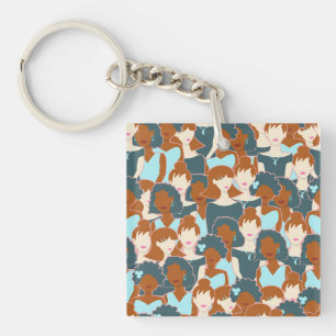 Seamless pattern with black girls and white girls key ring