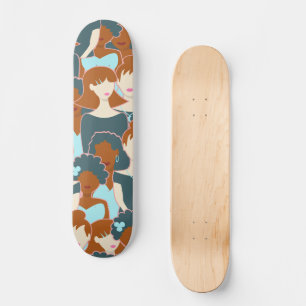 Seamless pattern with black girls and white girls skateboard