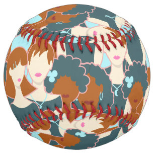 Seamless pattern with black girls and white girls softball