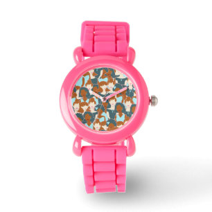 Seamless pattern with black girls and white girls watch