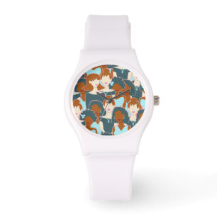Seamless pattern with black girls and white girls watch