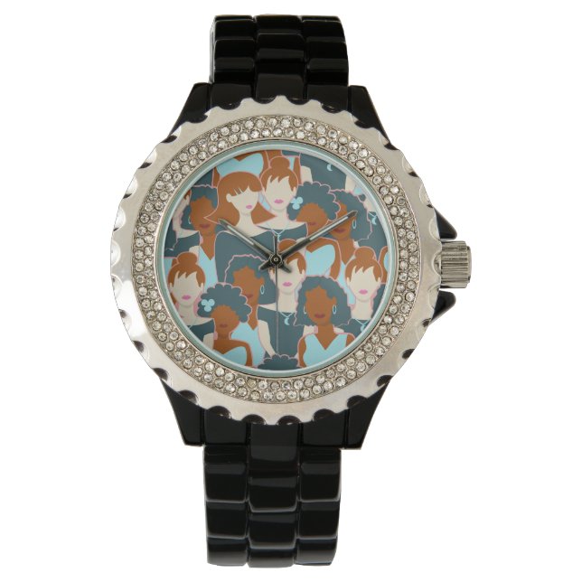 Seamless pattern with black girls and white girls watch (Front)